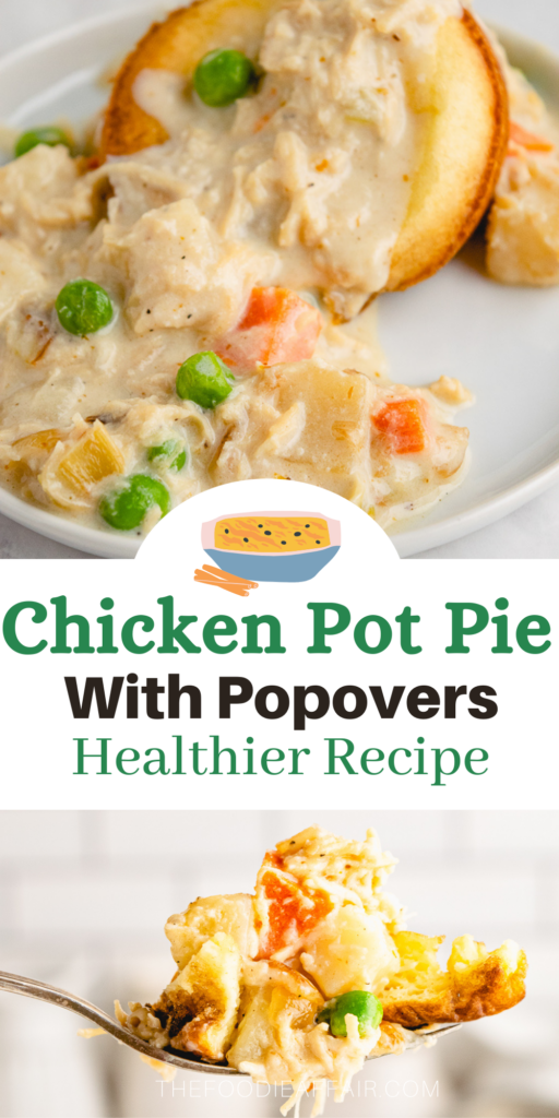 This chicken pot pie is pure comfort food you love, but the recipe is lightened up topping the chicken in a cream sauce over homemade popovers. 