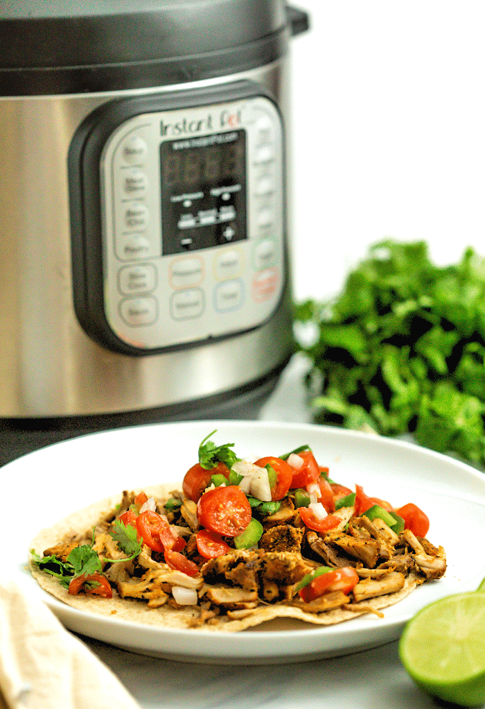 Instant Pot Carnitas on a white plate with an Instant Pot in the background.