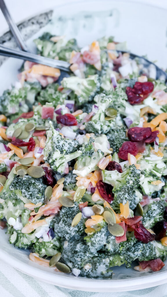 Broccoli salad with cheese, cranberries and nuts folded in mayonnaise.