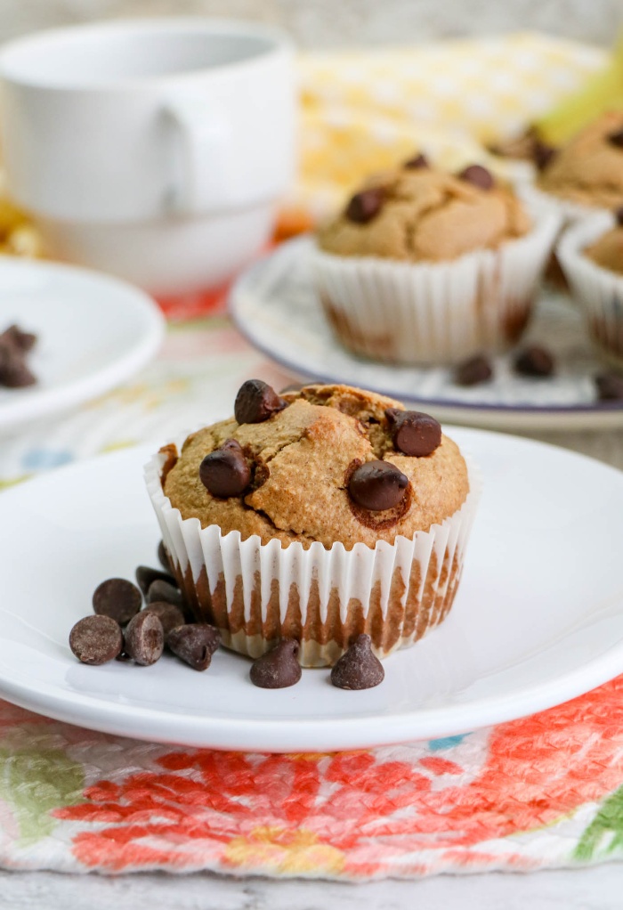 Sugar free muffin with banana, peanut butter and chocolate chips.
