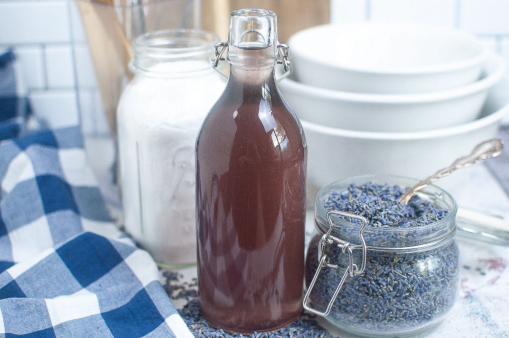 Homemade simply syrup flavored with lavender buds. 