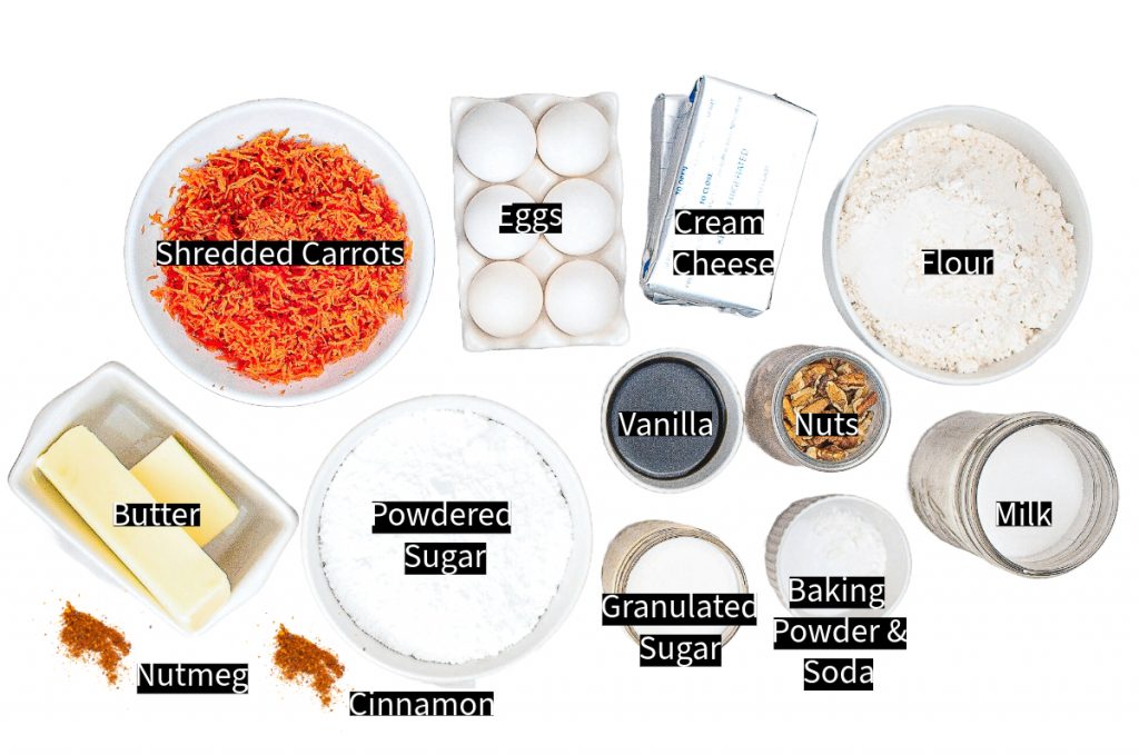 Top view of ingredients needed to make homemade carrot cake.