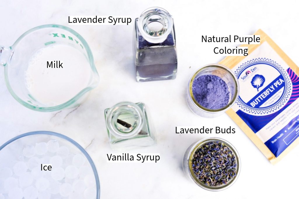 Ingredients for homemade lavender frappuccino recipe. 