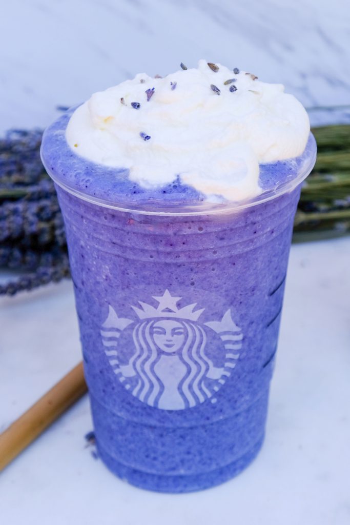 Copycat Starbuck Lavender Frappuccino recipe in a Starbucks plastic cup.