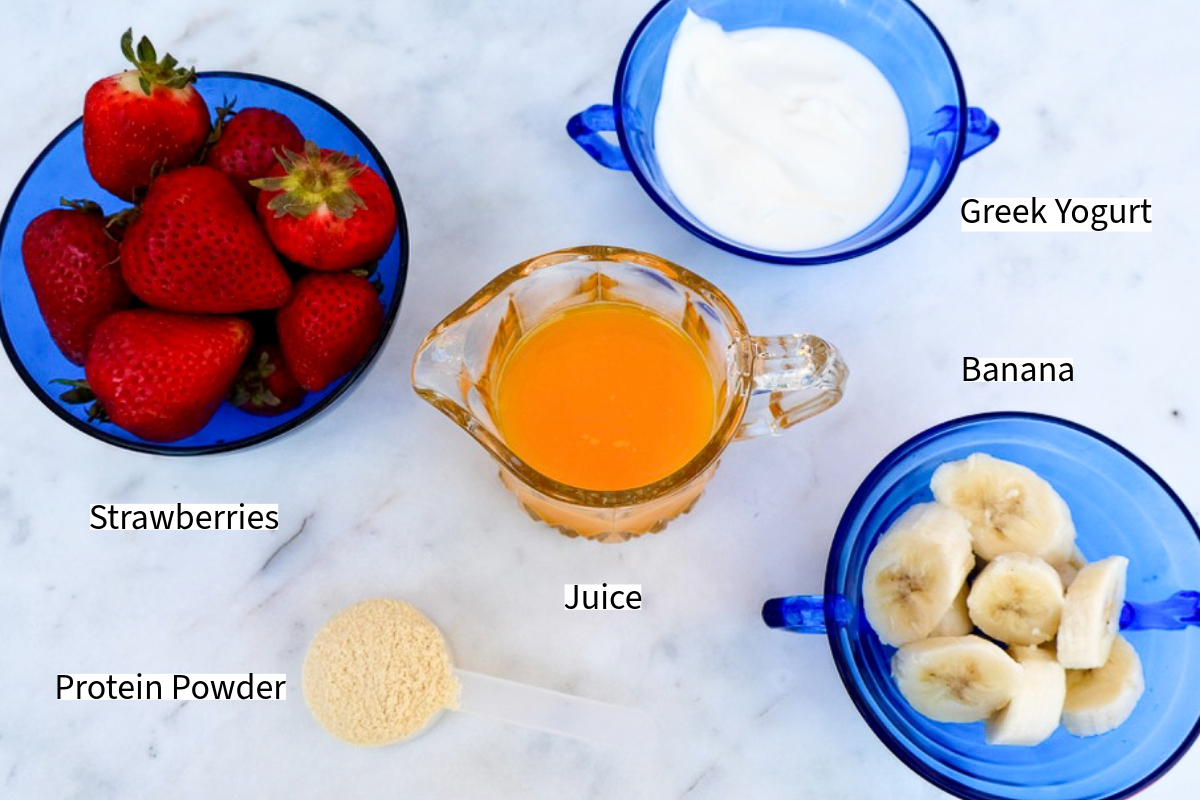 Ingredients to make fruit popsicles with protein powder and yogurt. 