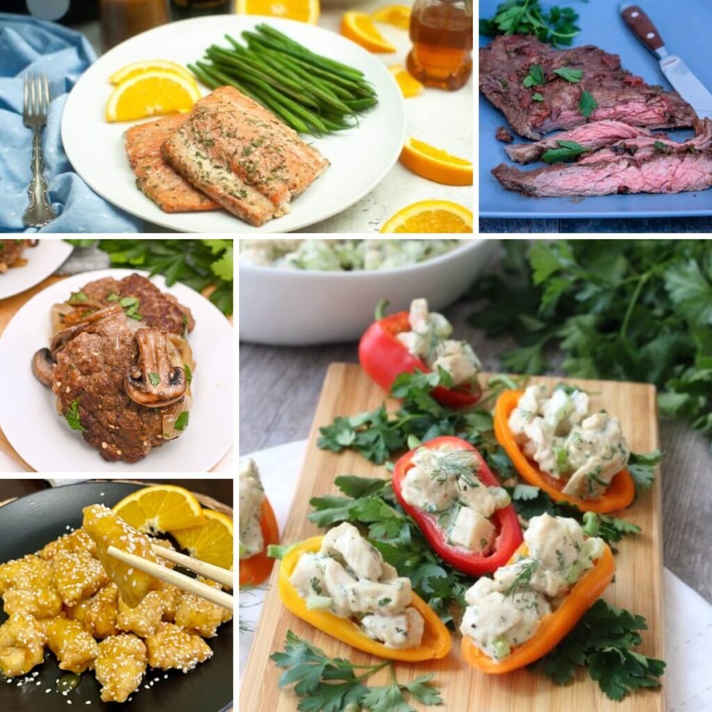 Collage of multiple keto entrees ready to serve.